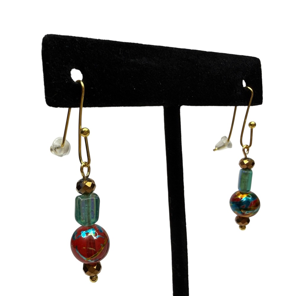 Artisan Lampwork Style Glass Dangle Earrings Gold Tone Beaded Dainty Jewelry 1in - Picture 6 of 6